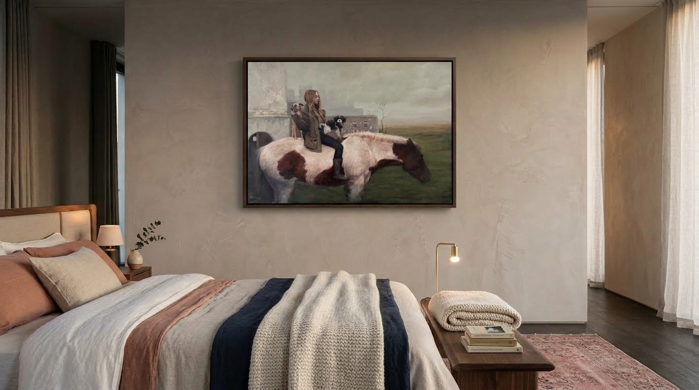 Hang at 145cm — Bedroom · Helen Masacz oil painting