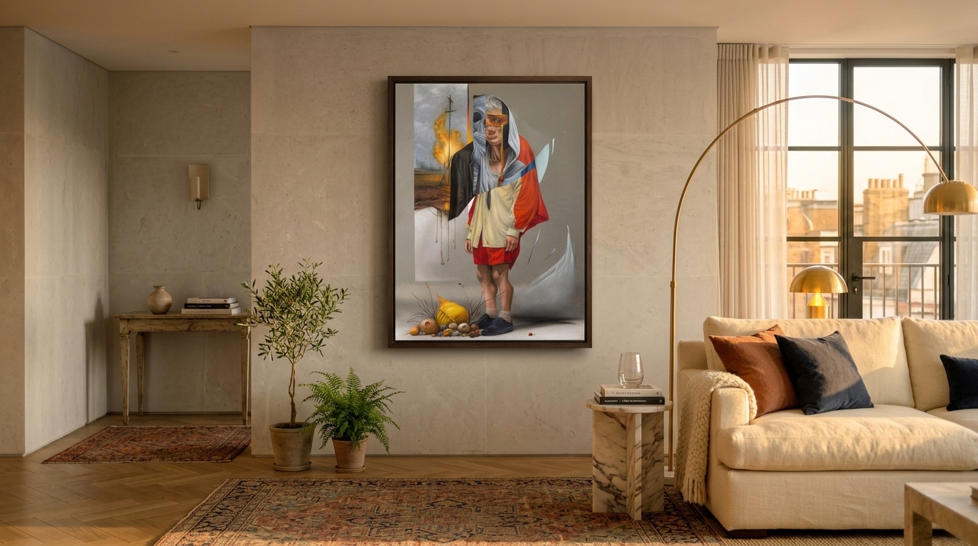 A Hampstead drawing room curated by Zebra One Gallery — Philip Bosmans "Girl With the Orange Balaclava" hung above a boucle sofa