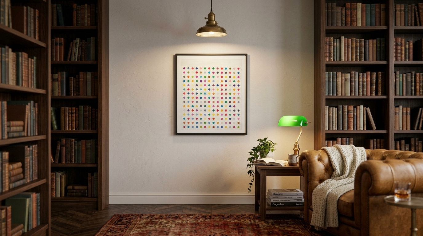 Mix old and new — Library snug · Damien Hirst spots