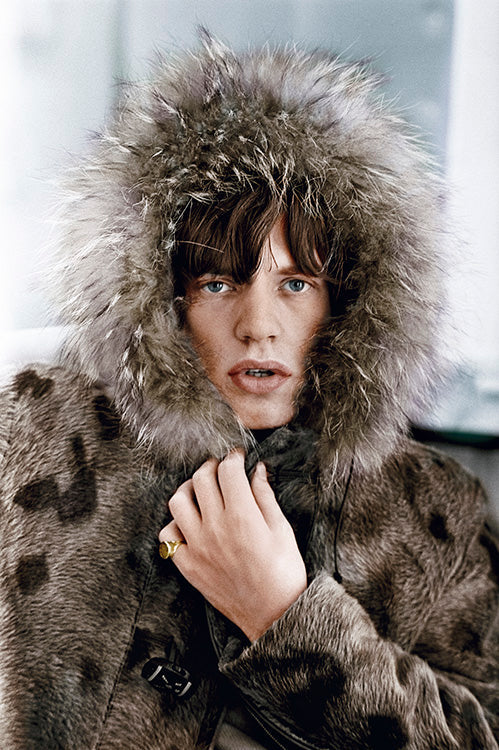 Mick Jagger in a fur parka (colorized), 1964