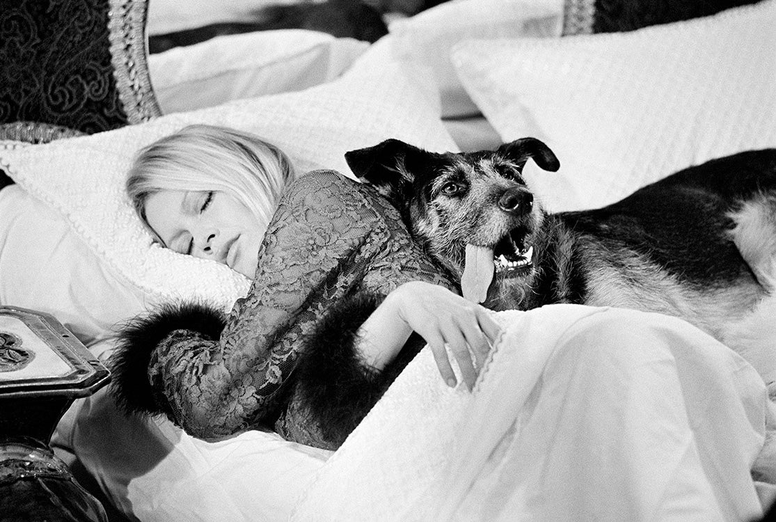 Brigitte Bardot with a dog while filming The Novices, 1970
