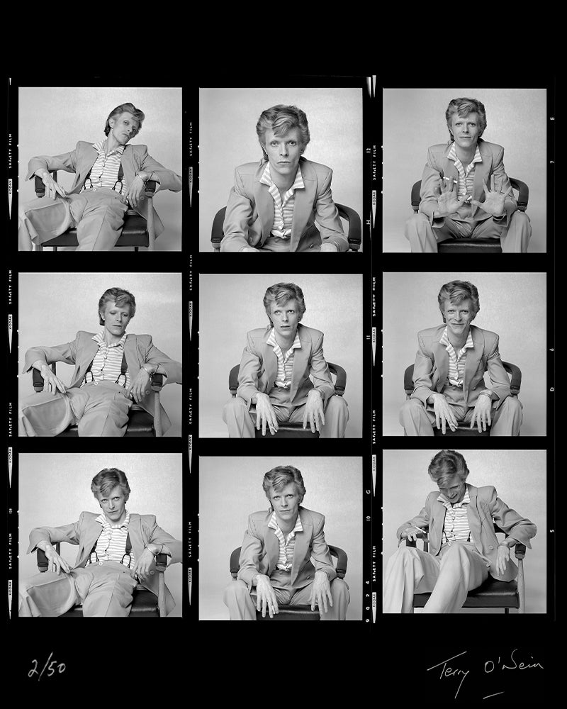 David Bowie seated and smoking contact sheet, 1974