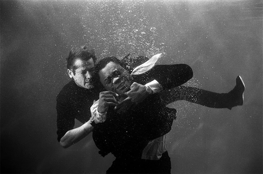 Roger Moore as James Bond underwater on the film set of 'Live and let die', 1973